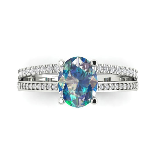 2.32 cttw Blue Moissanite Solitaire with Zirconia Simulated Diamond Accents Engagement Ring - Solid White Gold (VVS1, Oval Cut,9X7mm)