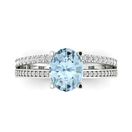 2.32 cttw Natural Sky Blue Topaz Solitaire with Zirconia Simulated Diamond Accents Engagement Ring - Solid White Gold (VVS1, Oval Cut,9X7mm)