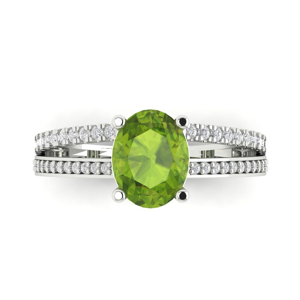 2.32 cttw Natural Peridot Solitaire with Zirconia Simulated Diamond Accents Engagement Ring - Solid Gold (Oval Cut,9X7mm)
