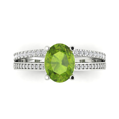 2.32 cttw Natural Peridot Solitaire with Zirconia Simulated Diamond Accents Engagement Ring - Solid Gold (Oval Cut,9X7mm)