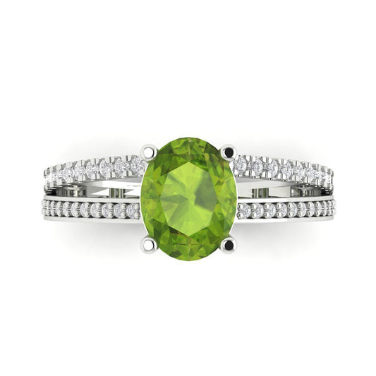 2.32 cttw Natural Peridot Solitaire with Zirconia Simulated Diamond Accents Engagement Ring - Solid White Gold (VVS1, Oval Cut,9X7mm)