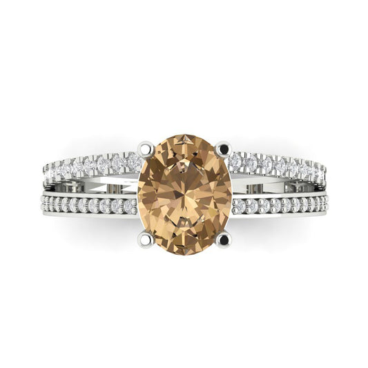 2.32 cttw Zirconia Simulated Champagne Diamond Solitaire with Zirconia Simulated Diamond Accents Engagement Ring - Solid White Gold (VVS1, Oval Cut,9X7mm)