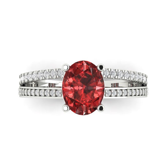 2.32 cttw Natural Garnet Solitaire with Zirconia Simulated Diamond Accents Engagement Ring - Solid White Gold (VVS1, Oval Cut,9X7mm)