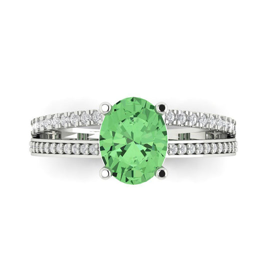 2.32 cttw Zirconia Simulated Green Diamond Solitaire with Zirconia Simulated Diamond Accents Engagement Ring - Solid White Gold (VVS1, Oval Cut,9X7mm)