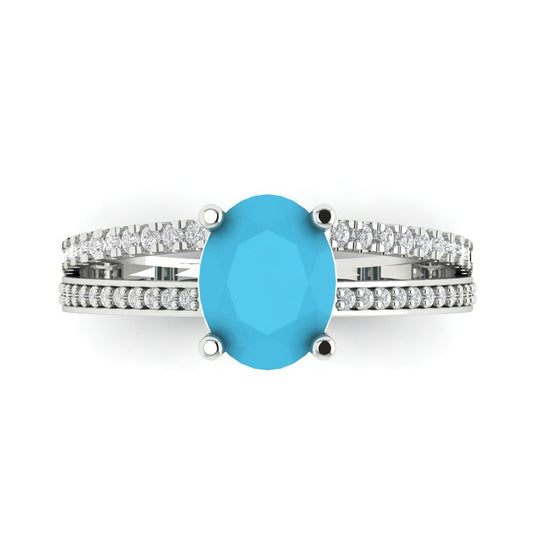 2.32 cttw Simulated Turquoise Solitaire with Zirconia Simulated Diamond Accents Engagement Ring - Solid White Gold (VVS1, Oval Cut,9X7mm)