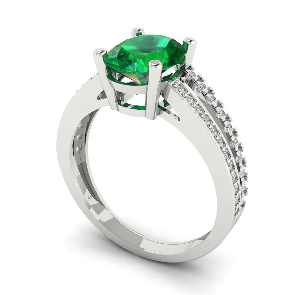 2.32 cttw Simulated Emerald Solitaire with Zirconia Simulated Diamond Accents Engagement Ring - Solid Gold (Oval Cut,9X7mm)