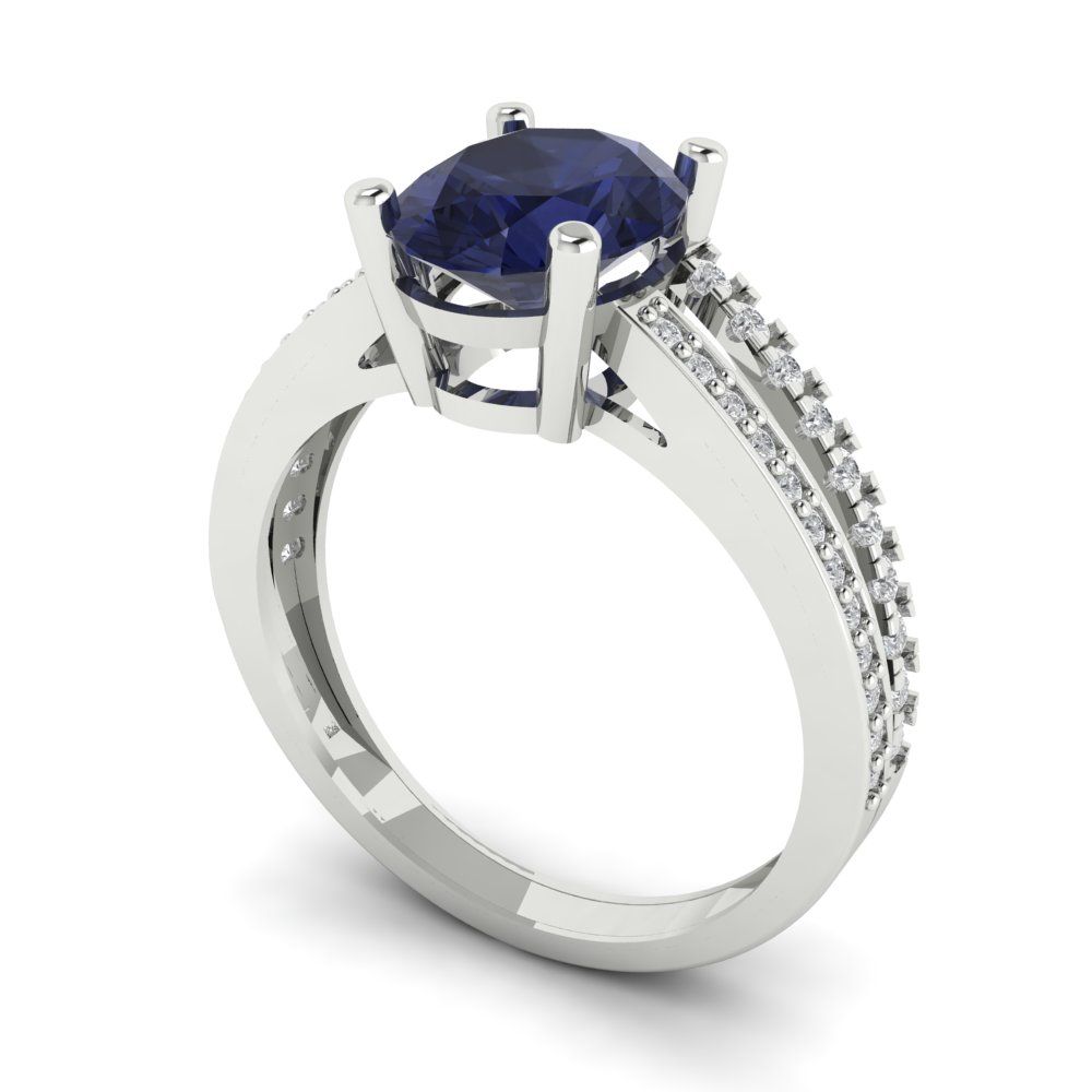 2.32 cttw Simulated Blue Sapphire Solitaire with Zirconia Simulated Diamond Accents Engagement Ring - Solid Gold (Oval Cut,9X7mm)