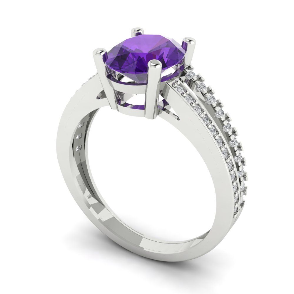 2.32 cttw Natural Amethyst Solitaire with Zirconia Simulated Diamond Accents Engagement Ring - Solid White Gold (VVS1, Oval Cut,9X7mm)