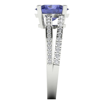 2.32 cttw Simulated Tanzanite Solitaire with Zirconia Simulated Diamond Accents Engagement Ring - Solid Gold (Oval Cut,9X7mm)