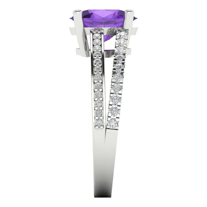 2.32 cttw Natural Amethyst Solitaire with Zirconia Simulated Diamond Accents Engagement Ring - Solid White Gold (VVS1, Oval Cut,9X7mm)