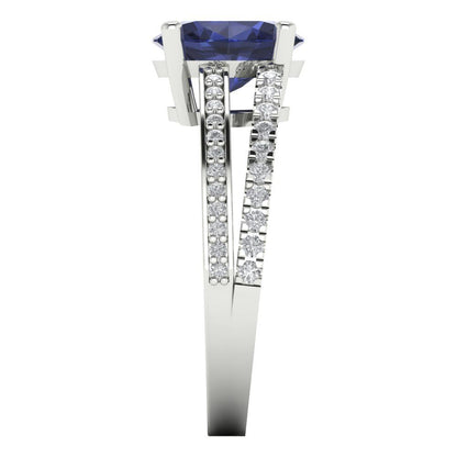 2.32 cttw Simulated Blue Sapphire Solitaire with Zirconia Simulated Diamond Accents Engagement Ring - Solid Gold (Oval Cut,9X7mm)