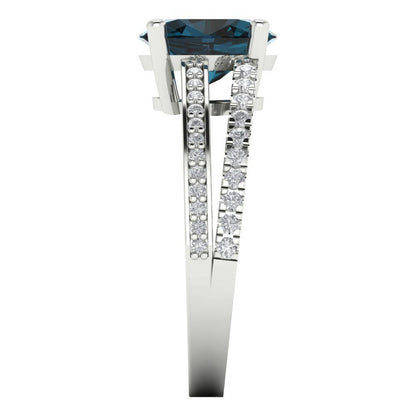 2.32 cttw Natural London Blue Topaz Solitaire with Zirconia Simulated Diamond Accents Engagement Ring - Solid Gold (Oval Cut,9X7mm)