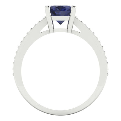 2.32 cttw Simulated Blue Sapphire Solitaire with Zirconia Simulated Diamond Accents Engagement Ring - Solid Gold (Oval Cut,9X7mm)