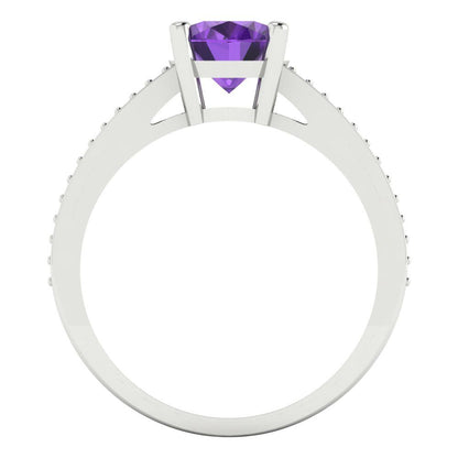 2.32 cttw Natural Amethyst Solitaire with Zirconia Simulated Diamond Accents Engagement Ring - Solid White Gold (VVS1, Oval Cut,9X7mm)