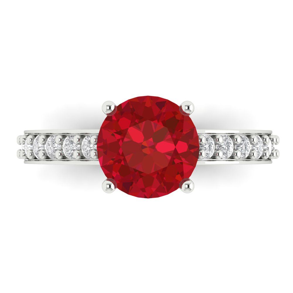 2.3 cttw Simulated Ruby Solitaire with Zirconia Simulated Diamond Accents Engagement Ring - Solid White Gold (VVS1, Round Cut,8.0mm)