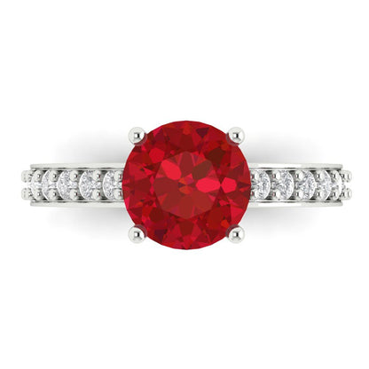 2.3 cttw Simulated Ruby Solitaire with Zirconia Simulated Diamond Accents Engagement Ring - Solid White Gold (VVS1, Round Cut,8.0mm)