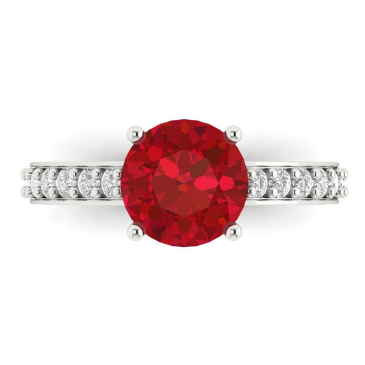 2.3 cttw Simulated Ruby Solitaire with Zirconia Simulated Diamond Accents Engagement Ring - Solid White Gold (VVS1, Round Cut,8.0mm)