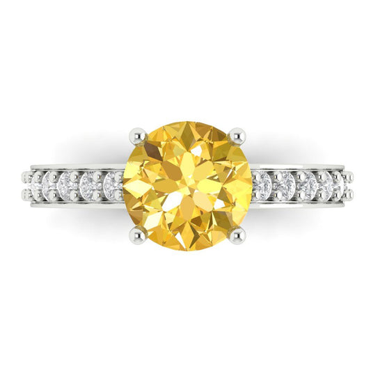 2.3 cttw Zirconia Simulated Yellow Diamond Solitaire with Zirconia Simulated Diamond Accents Engagement Ring - Solid White Gold (VVS1, Round Cut,8.0mm)