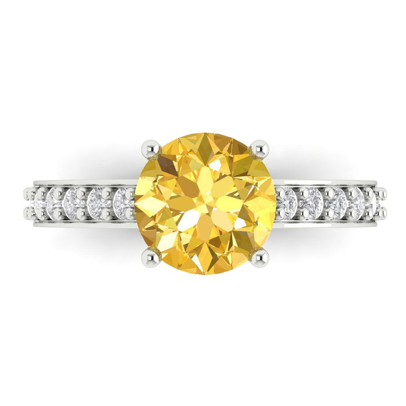 2.18 ct Brilliant Round Cut Yellow Simulated Diamond Stone White Gold Solitaire with Accents Ring