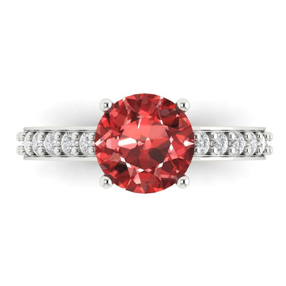 2.3 cttw Natural Garnet Solitaire with Zirconia Simulated Diamond Accents Engagement Ring - Solid Gold (Round Cut,8.0mm)