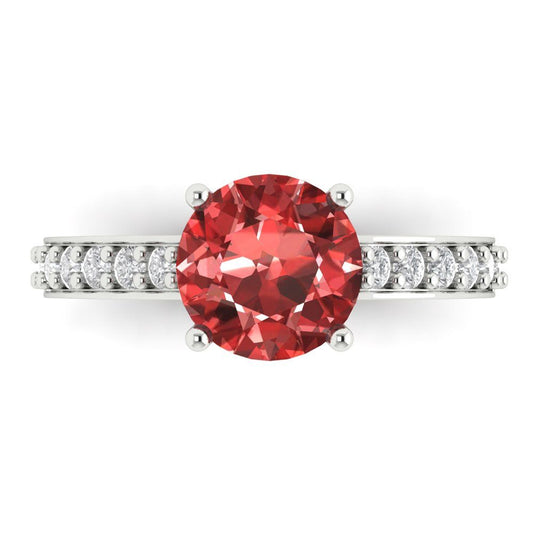 2.3 cttw Natural Garnet Solitaire with Zirconia Simulated Diamond Accents Engagement Ring - Solid White Gold (VVS1, Round Cut,8.0mm)
