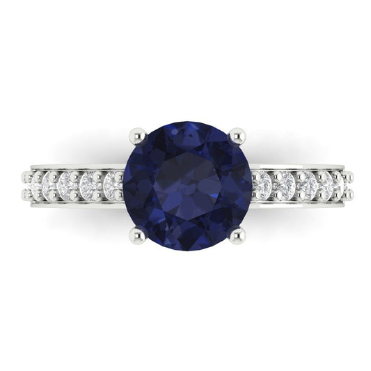 2.3 cttw Simulated Blue Sapphire Solitaire with Zirconia Simulated Diamond Accents Engagement Ring - Solid White Gold (VVS1, Round Cut,8.0mm)