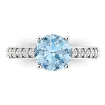 2.3 cttw Natural Swiss Blue Topaz Solitaire with Zirconia Simulated Diamond Accents Engagement Ring - Solid Gold (Round Cut,8.0mm)