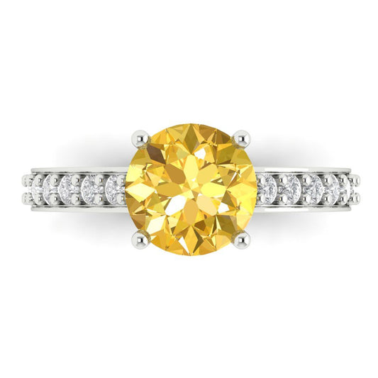 2.3 cttw Natural Citrine Solitaire with Zirconia Simulated Diamond Accents Engagement Ring - Solid White Gold (VVS1, Round Cut,8.0mm)