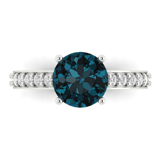 2.3 cttw Natural London Blue Topaz Solitaire with Zirconia Simulated Diamond Accents Engagement Ring - Solid White Gold (VVS1, Round Cut,8.0mm)