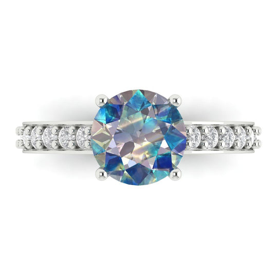 2.3 cttw Blue Moissanite Solitaire with Zirconia Simulated Diamond Accents Engagement Ring - Solid White Gold (VVS1, Round Cut,8.0mm)