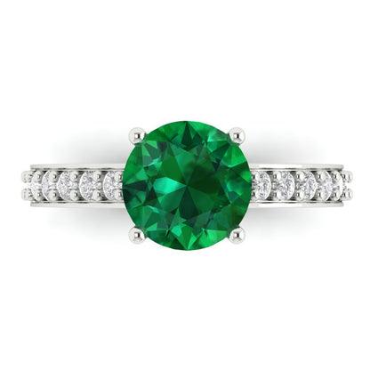 2.3 cttw Simulated Emerald Solitaire with Zirconia Simulated Diamond Accents Engagement Ring - Solid Gold (Round Cut,8.0mm)