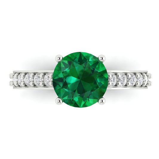 2.3 cttw Simulated Emerald Solitaire with Zirconia Simulated Diamond Accents Engagement Ring - Solid White Gold (VVS1, Round Cut,8.0mm)
