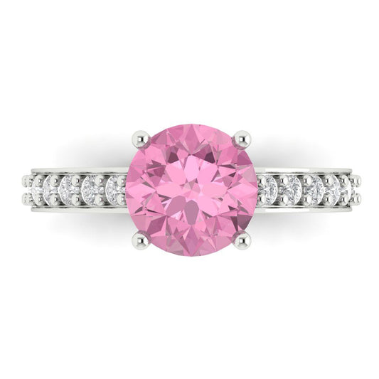 2.3 cttw Zirconia Simulated Pink Diamond Solitaire with Zirconia Simulated Diamond Accents Engagement Ring - Solid White Gold (VVS1, Round Cut,8.0mm)
