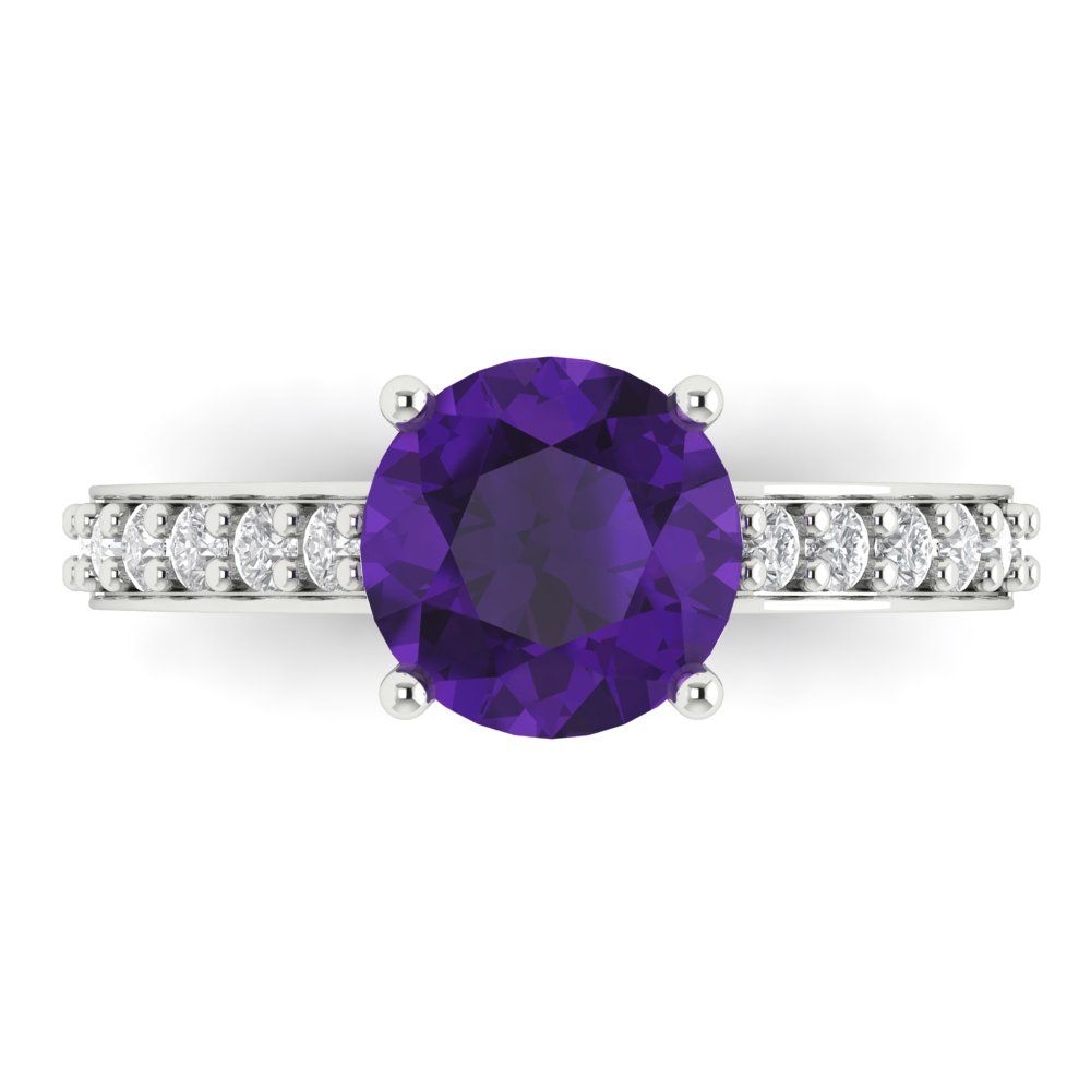 2.3 cttw Natural Amethyst Solitaire with Zirconia Simulated Diamond Accents Engagement Ring - Solid Gold (Round Cut,8.0mm)