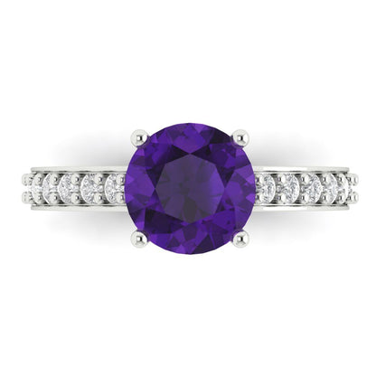 2.3 cttw Natural Amethyst Solitaire with Zirconia Simulated Diamond Accents Engagement Ring - Solid Gold (Round Cut,8.0mm)
