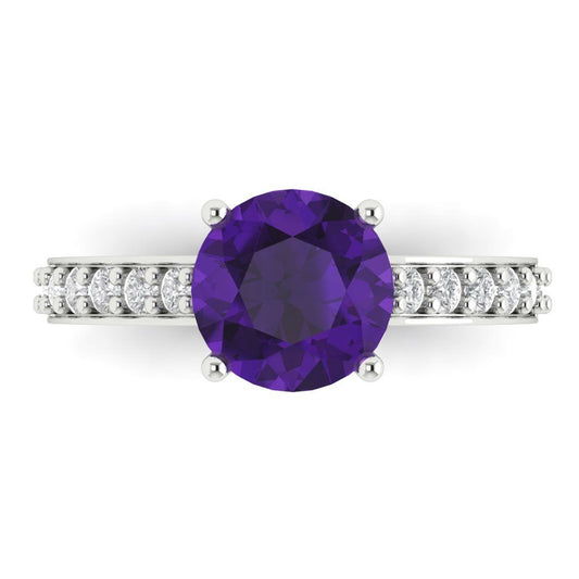 2.3 cttw Natural Amethyst Solitaire with Zirconia Simulated Diamond Accents Engagement Ring - Solid White Gold (VVS1, Round Cut,8.0mm)