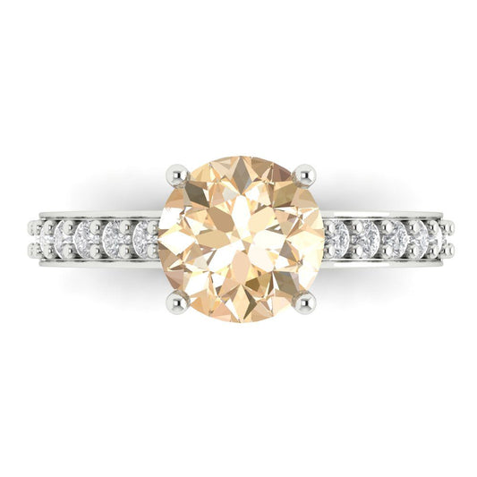 2.3 cttw Natural Morganite Solitaire with Zirconia Simulated Diamond Accents Engagement Ring - Solid White Gold (VVS1, Round Cut,8.0mm)