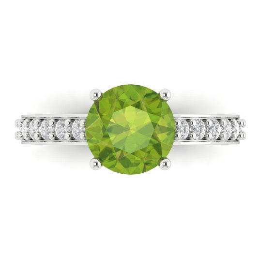 2.3 cttw Natural Peridot Solitaire with Zirconia Simulated Diamond Accents Engagement Ring - Solid White Gold (VVS1, Round Cut,8.0mm)