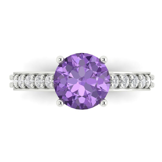 2.3 cttw Simulated Alexandrite Solitaire with Zirconia Simulated Diamond Accents Engagement Ring - Solid White Gold (VVS1, Round Cut,8.0mm)