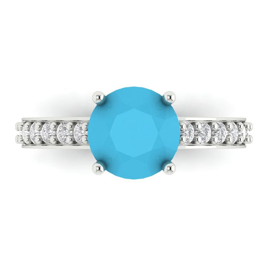 2.3 cttw Simulated Turquoise Solitaire with Zirconia Simulated Diamond Accents Engagement Ring - Solid White Gold (VVS1, Round Cut,8.0mm)