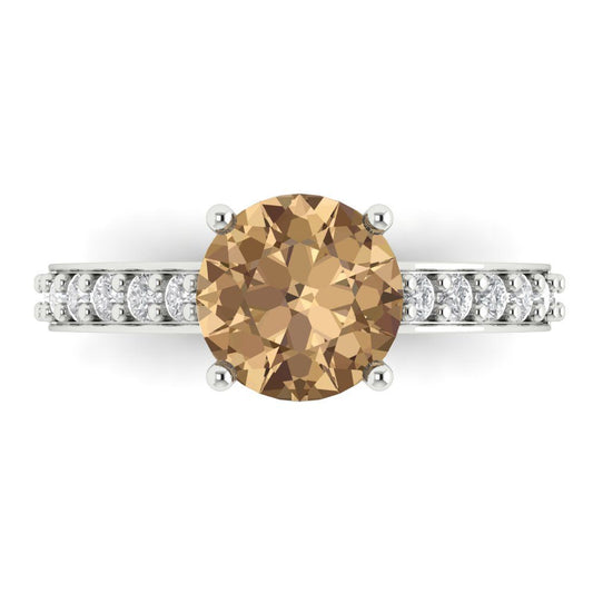2.3 cttw Zirconia Simulated Champagne Diamond Solitaire with Zirconia Simulated Diamond Accents Engagement Ring - Solid White Gold (VVS1, Round Cut,8.0mm)