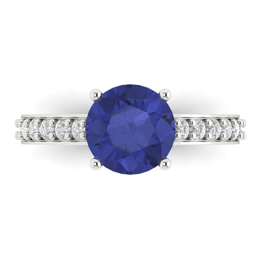 2.3 cttw Simulated Tanzanite Solitaire with Zirconia Simulated Diamond Accents Engagement Ring - Solid White Gold (VVS1, Round Cut,8.0mm)