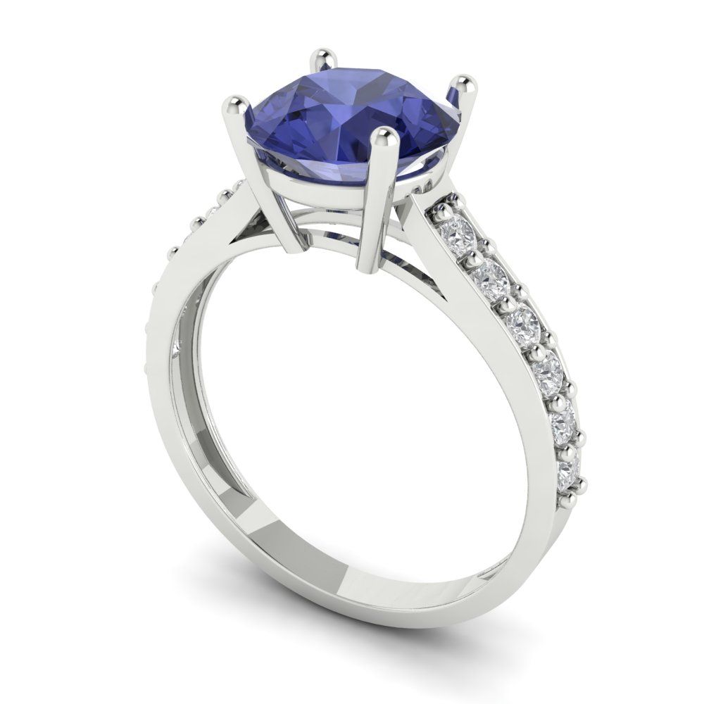 2.3 cttw Simulated Tanzanite Solitaire with Zirconia Simulated Diamond Accents Engagement Ring - Solid Gold (Round Cut,8.0mm)