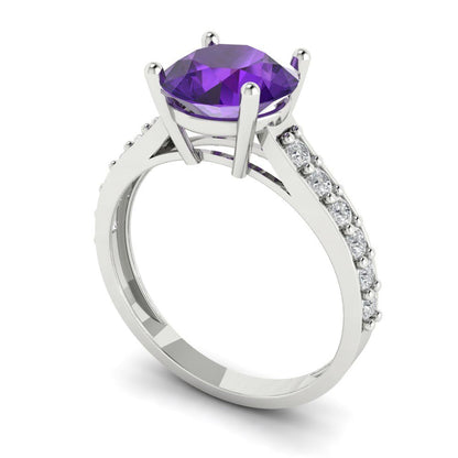2.3 cttw Natural Amethyst Solitaire with Zirconia Simulated Diamond Accents Engagement Ring - Solid Gold (Round Cut,8.0mm)