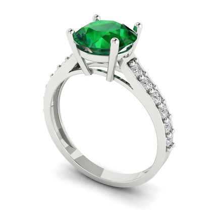 2.3 cttw Simulated Emerald Solitaire with Zirconia Simulated Diamond Accents Engagement Ring - Solid Gold (Round Cut,8.0mm)
