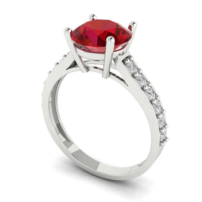 2.3 cttw Simulated Ruby Solitaire with Zirconia Simulated Diamond Accents Engagement Ring - Solid White Gold (VVS1, Round Cut,8.0mm)