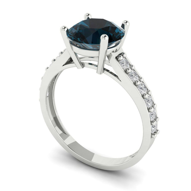 2.18 ct Brilliant Round Cut Natural London Blue Topaz Stone White Gold Solitaire with Accents Ring