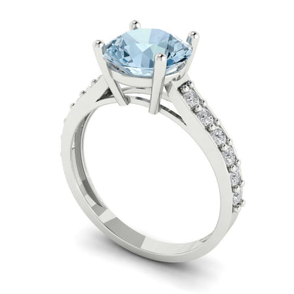 2.3 cttw Natural Aquamarine Solitaire with Zirconia Simulated Diamond Accents Engagement Ring - Solid Gold (Round Cut,8.0mm)