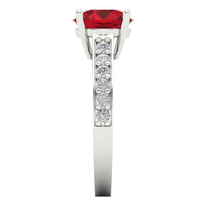 2.3 cttw Simulated Ruby Solitaire with Zirconia Simulated Diamond Accents Engagement Ring - Solid White Gold (VVS1, Round Cut,8.0mm)