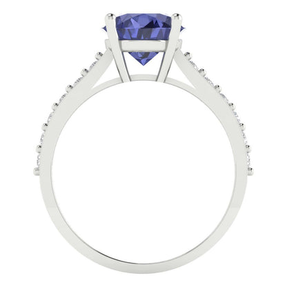 2.3 cttw Simulated Tanzanite Solitaire with Zirconia Simulated Diamond Accents Engagement Ring - Solid Gold (Round Cut,8.0mm)